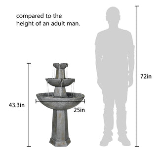 43.3” High Outdoor Water Fountain, 3-Tiers Concrete Outdoor Floor Waterfall Fountain with Pump