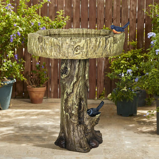 24.4” H Fibre Reinforced Concrete Outdoor Garden Bird Bath with Birds, Woodland Tree Trunk Decoration Yard Statue,Pedestal Birdbaths for Outdoors, Garden, Patio, Lawn, Backyard