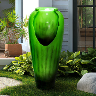 30.7-inch Tall Concrete Green Modern Jar Cascading Water Fountain with Lights and Pump