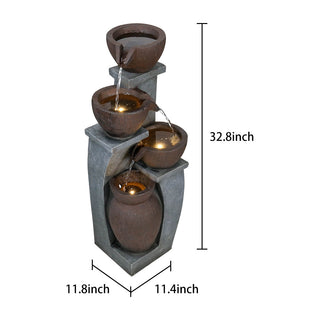 ZEN Flowing Fountain 33-inch Tall Cascading Rustic Bowls Fountain with LED Lights Yard Decoration