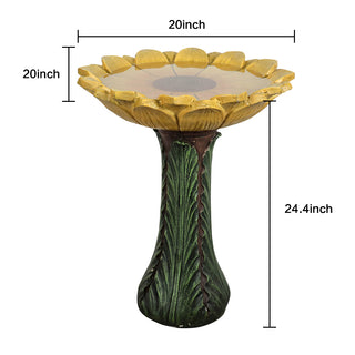 24.4 in. H Concrete Outdoor Birdbath - Sunflower Bowl with Green Leaf Pedestal for Garden, Patio, Lawn, Yard Decor