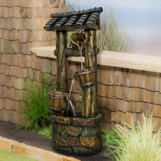 Garden Water Fountain Wood Gate