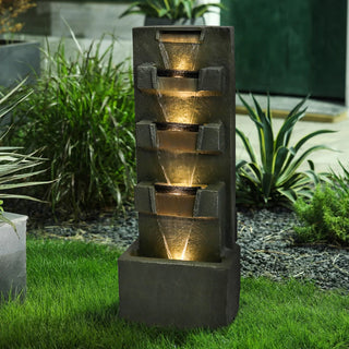 39.3inches High Concrete Modern Water Fountain 5-Tiers Indoor/Outdoor Water Fountain w/LED Lights Cascading Waterfall Features for Home Garden Backyard Decor