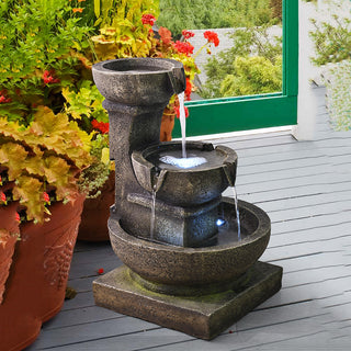 ZEN Flowing Fountain 16.4-in H Resin Tiered Outdoor Rustic Pots with Light