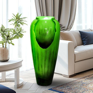 30.7-inch Tall Concrete Green Modern Jar Cascading Water Fountain with Lights and Pump