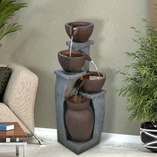 33-inch Tall Cascading Rustic Bowls Fountain with LED Lights Yard Decoration