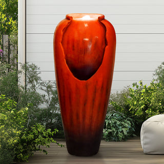 30.7-inch Tall Concrete Red Modern Jar Cascading Water Fountain with Lights and Pump