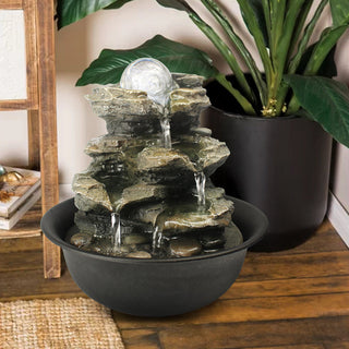 ZEN Flowing Fountain 8.3-inch H 4-Tier Cascading Rock Falls Tabletop Water Fountain w/Light