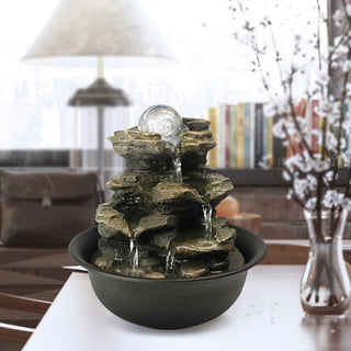 ZEN Flowing Fountain 8.3-inch H 4-Tier Cascading Rock Falls Tabletop Water Fountain w/Light