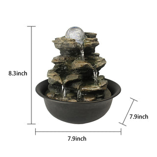 ZEN Flowing Fountain 8.3-inch H 4-Tier Cascading Rock Falls Tabletop Water Fountain w/Light