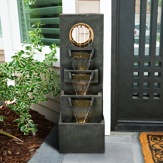 39.3-inch Tall Modern Outdoor Waterfall Fountain - Tall Indoor Relaxing Floor Fountain Outdoor with Light&Pump, Contemporary 4-Tier
