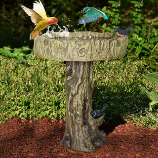 24.4 Inch Heigh Wood-Look Concrete Bird Bath with Decorative Faux Bird – birdbath Rustic & Long-Lasting