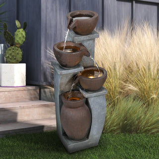 33-inch Tall Cascading Rustic Bowls Fountain with LED Lights Yard Decoration