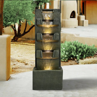 39.3inches High Concrete Modern Water Fountain 5-Tiers Indoor/Outdoor Water Fountain w/LED Lights Cascading Waterfall Features for Home Garden Backyard Decor