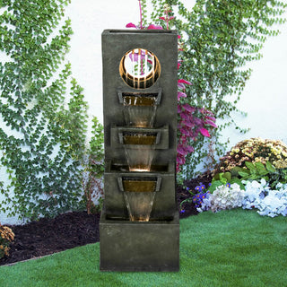 39.3-inch Tall Modern Outdoor Waterfall Fountain - Tall Indoor Relaxing Floor Fountain Outdoor with Light&Pump, Contemporary 4-Tier
