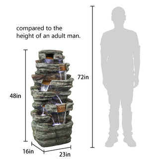 ZEN Flowing Fountain 48-inch Tall Outdoor 6-Tier Amazonian Rainforest Waterfall Fountain with 30 LED Lights