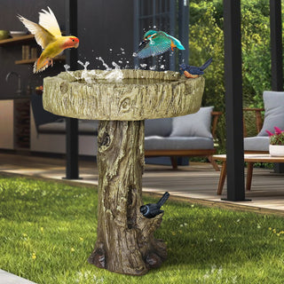 24.4 Inch Heigh Wood-Look Concrete Bird Bath with Decorative Faux Bird – birdbath Rustic & Long-Lasting