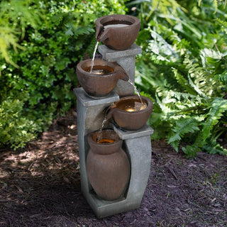 33-inch Tall Cascading Rustic Bowls Fountain with LED Lights Yard Decoration