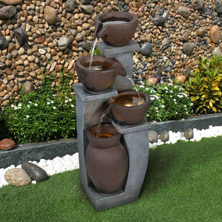 33-inch Tall Cascading Rustic Bowls Fountain with LED Lights Yard Decoration