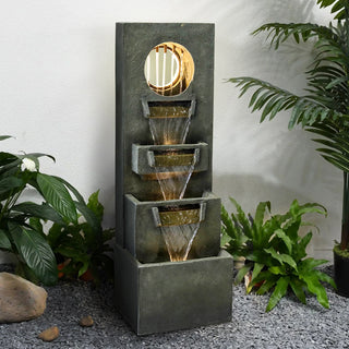 39.3-inch Tall Modern Outdoor Waterfall Fountain - Tall Indoor Relaxing Floor Fountain Outdoor with Light&Pump, Contemporary 4-Tier