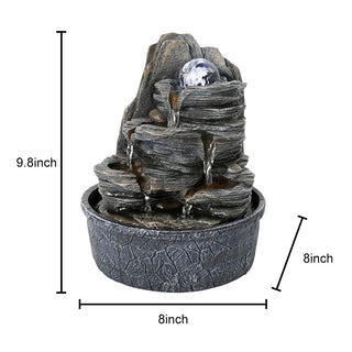 ZEN Flowing Fountain 4-Tier Rockery Tabletop Fountain Cascading Fountain w/Led Light & Ball