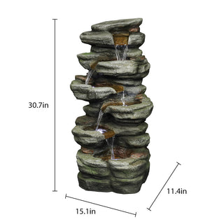 ZEN Flowing Fountain 30.7in H 6-tier Rock Cascading WaterFountain w/LED Lights