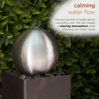 Self-Contained Metal Orb Fountain with River Stones