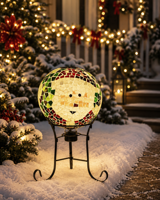 Solar Santa Mosiac Glass Gazing Globe with Metal Stand