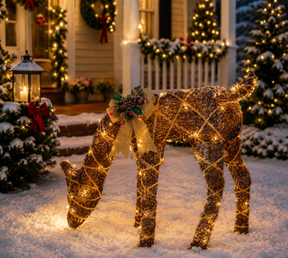 Natural Twig Wrapped Rattan Grazing Deer w/ Warm White LED