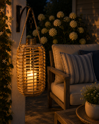 Hemp Rope Wooden Lantern Décor with Flickering LED's