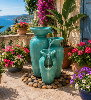 3-Tier Rustic Turquoise Ceramic-Look Jars Fountain