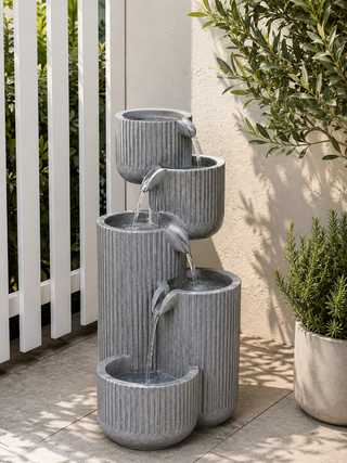 5-Tier Gray Fluted Pots Fountain with LED Lights