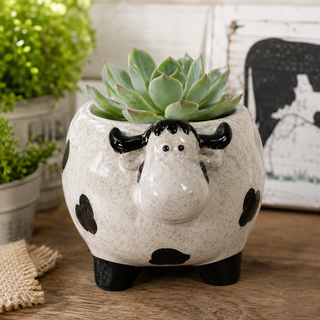 Ceramic Cow Planter with Drainage Hole