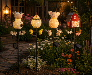 Metal Chicken/Cow/Pig/Barn Solar Stake Spinner with Light