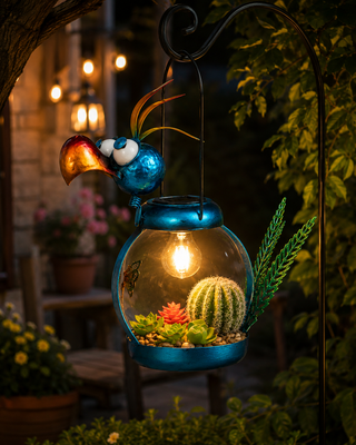 Solar Metal Silly Blue Bird with Garden and LED Decor