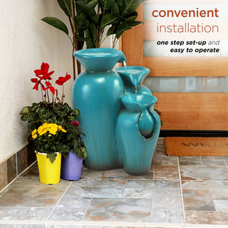 3-Tier Rustic Turquoise Ceramic-Look Jars Fountain