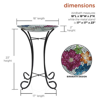 18" Floral Metallic Mosaic Glass Birdbath with Metal Stand