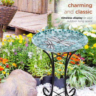 18" Dragonfly Duo Mosaic Glass Birdbath with Metal Stand