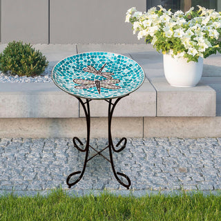 18" Dragonfly Duo Mosaic Glass Birdbath with Metal Stand