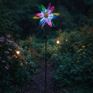 Solar Metal Flower Spinner Stake w/ Fiber Optic Light