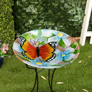 Glass Birdbath w/ Flowers & Butterfly w/ Metal Stand