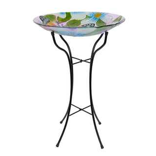 Glass Birdbath w/ Flowers & Butterfly w/ Metal Stand
