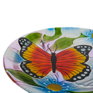 Glass Birdbath w/ Flowers & Butterfly w/ Metal Stand