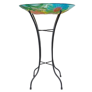 Glass Birdbath w/ Flowers & Bee w/ Metal Stand
