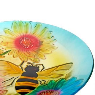 Glass Birdbath w/ Flowers & Bee w/ Metal Stand