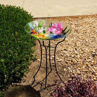Glass Floral Hummingbird Birdbath with Metal Stand