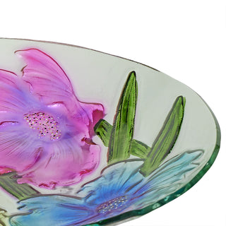 Glass Floral Hummingbird Birdbath with Metal Stand