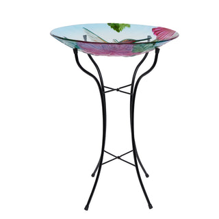 18" Glass Birdbath w/Red Flowers & Hummingbird w/ Metal Stand