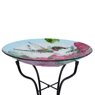 18" Glass Birdbath w/Red Flowers & Hummingbird w/ Metal Stand