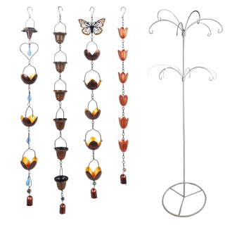 Metal Heart, Butterfly, Bucket & Flower Rain Chain w/ Metal Stand